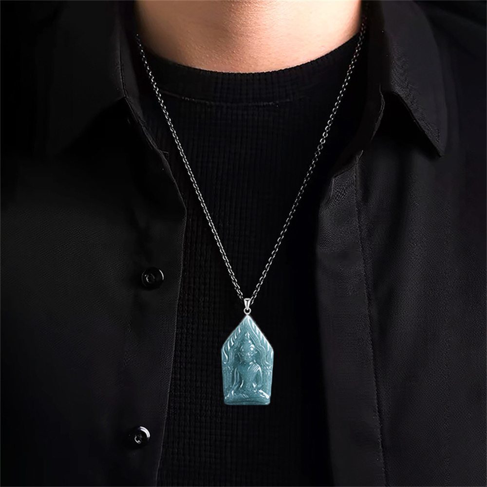 Natural Type A Untreated Waxy Blue Watery Guatemalan Jadeite Hand Carved Khun Phaen Amulet Pendant,Amulet Pendant,DIY Jewelry Supplies