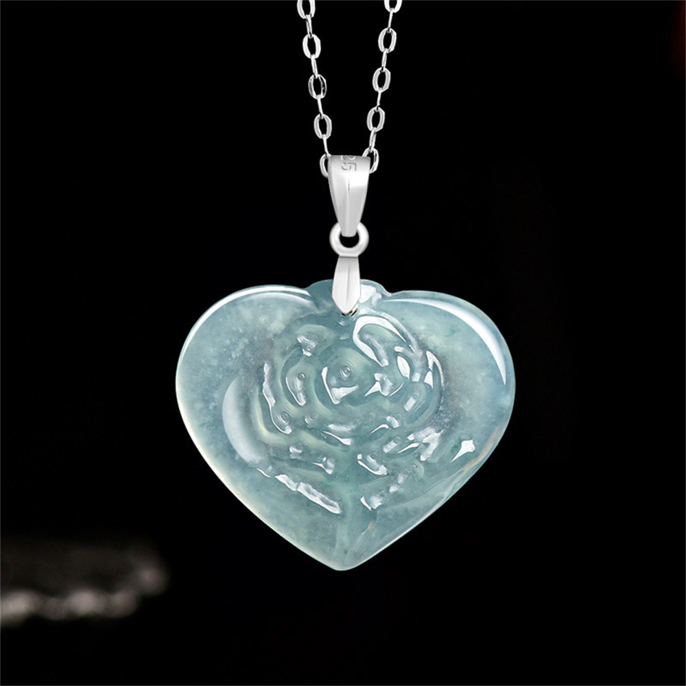 Natural Type A Untreated Icy Waxy Blue Watery Guatemalan Jadeite Heart Shape Pendants With Rose Carved,Blue Guatemala Jadeite Loose Pendant,DIY Jewelry Supplies