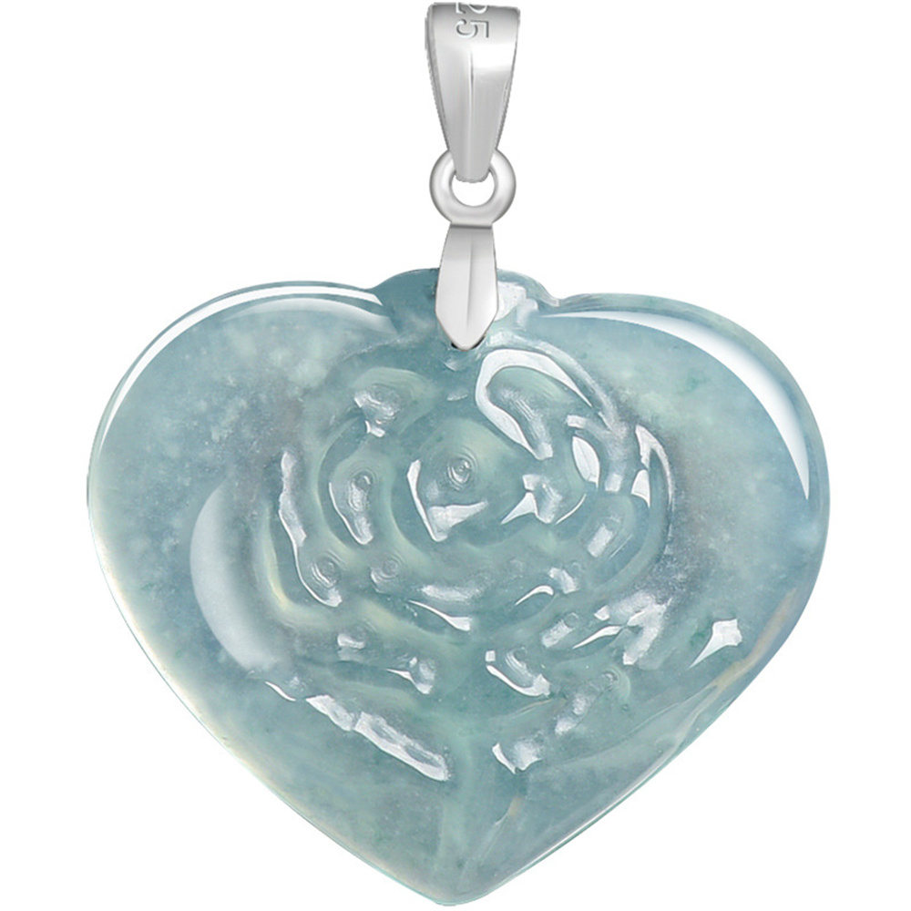Natural Type A Untreated Icy Waxy Blue Watery Guatemalan Jadeite Heart Shape Pendants With Rose Carved,Blue Guatemala Jadeite Loose Pendant,DIY Jewelry Supplies