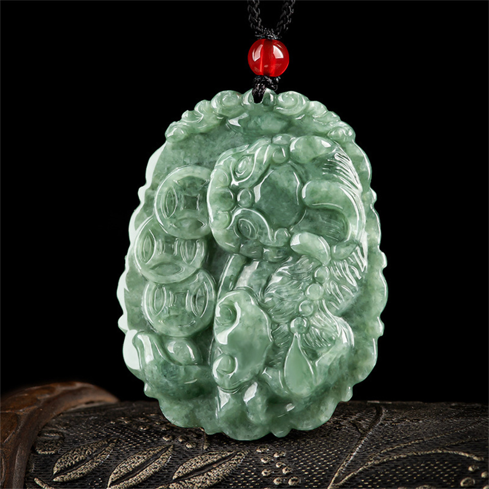 Natural Type A Untreated Bean Green Watery Burmese Jadeite Hand Carved Pixiu And Ancient Coin Pendant,Amulet Pendant,DIY Jewelry Supplies