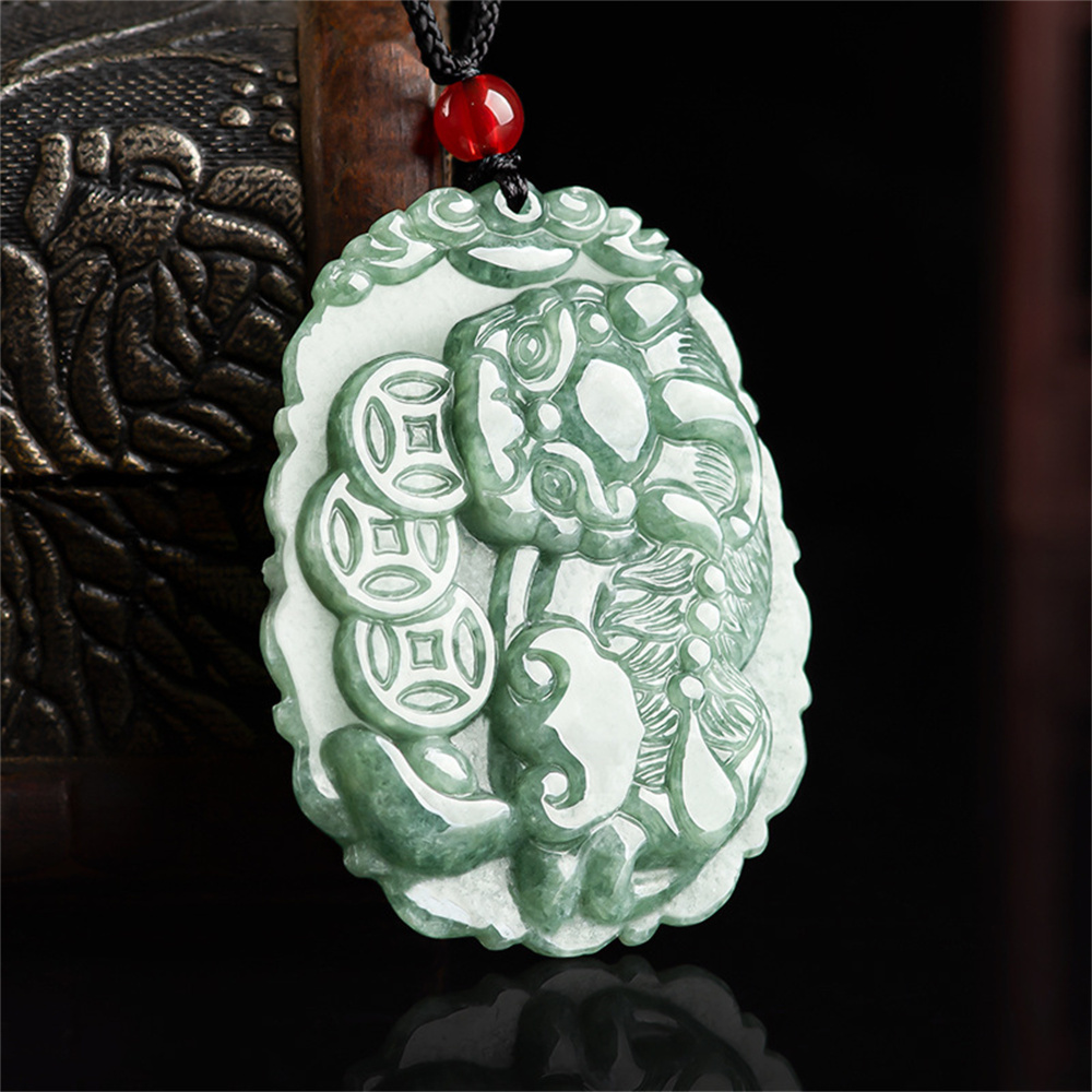 Natural Type A Untreated Bean Green Watery Burmese Jadeite Hand Carved Pixiu And Ancient Coin Pendant,Amulet Pendant,DIY Jewelry Supplies