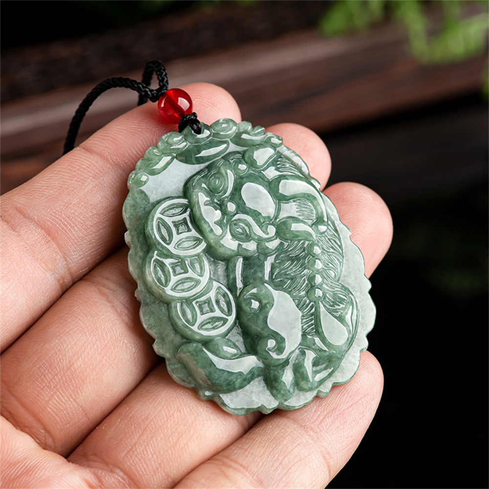 Natural Type A Untreated Bean Green Watery Burmese Jadeite Hand Carved Pixiu And Ancient Coin Pendant,Amulet Pendant,DIY Jewelry Supplies