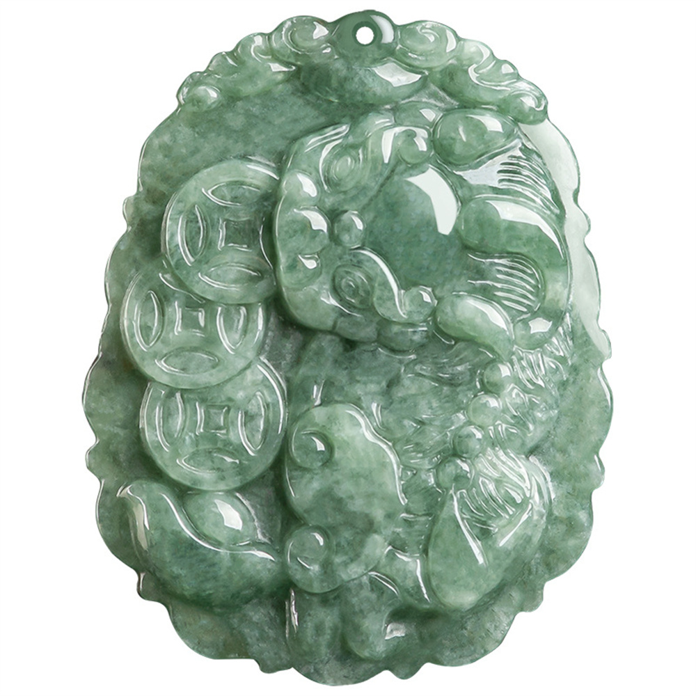 Natural Type A Untreated Bean Green Watery Burmese Jadeite Hand Carved Pixiu And Ancient Coin Pendant,Amulet Pendant,DIY Jewelry Supplies