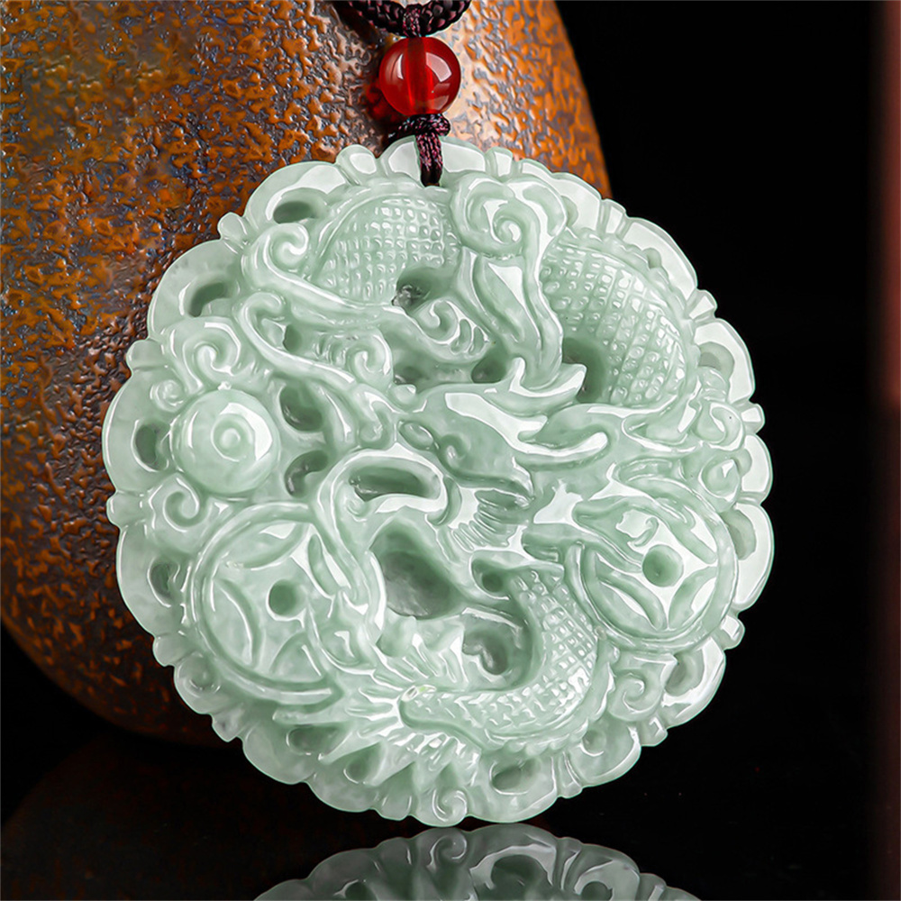Natural Type A Untreated Green Icy Waxy Burmese Jadeite Round Pendant With Dragon Carved,Burma Jadeite Loose Pendants,DIY Jewelry Supplies