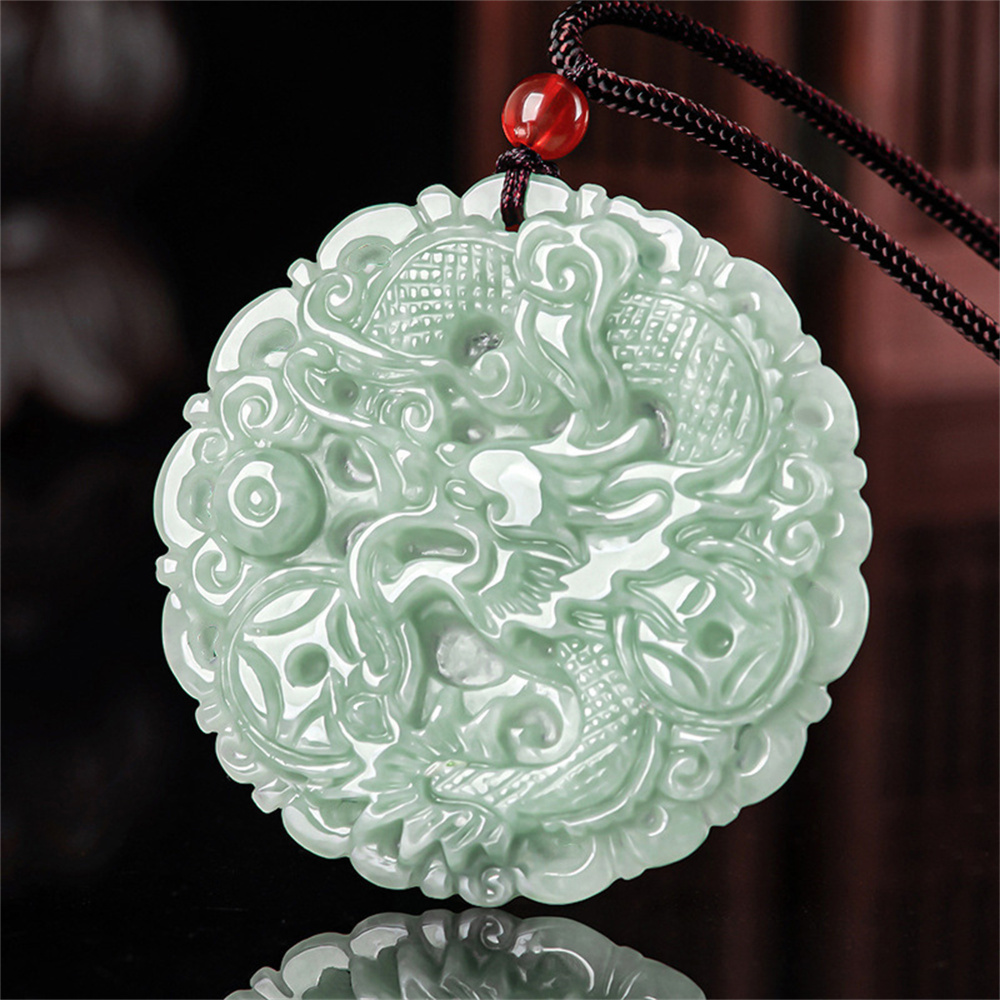 Natural Type A Untreated Green Icy Waxy Burmese Jadeite Round Pendant With Dragon Carved,Burma Jadeite Loose Pendants,DIY Jewelry Supplies
