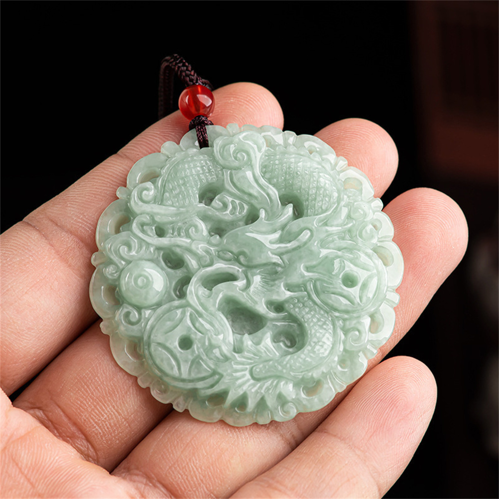 Natural Type A Untreated Green Icy Waxy Burmese Jadeite Round Pendant With Dragon Carved,Burma Jadeite Loose Pendants,DIY Jewelry Supplies