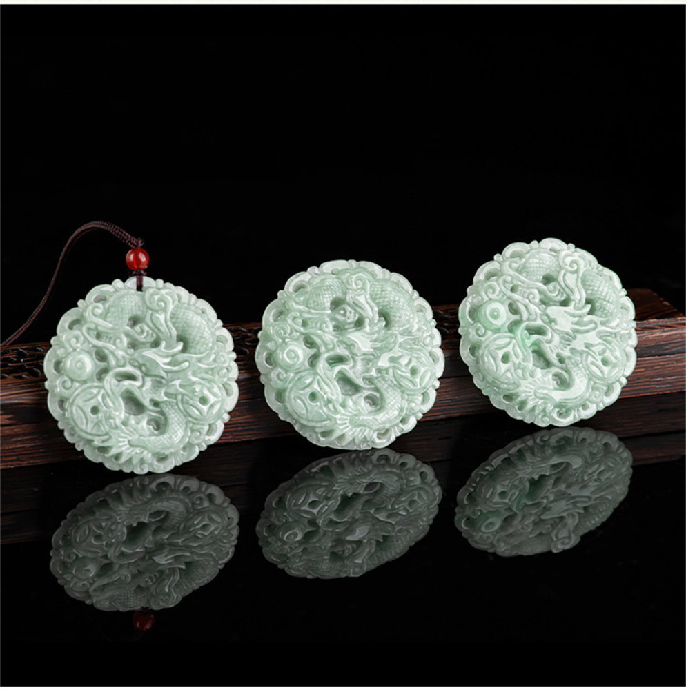 Natural Type A Untreated Green Icy Waxy Burmese Jadeite Round Pendant With Dragon Carved,Burma Jadeite Loose Pendants,DIY Jewelry Supplies