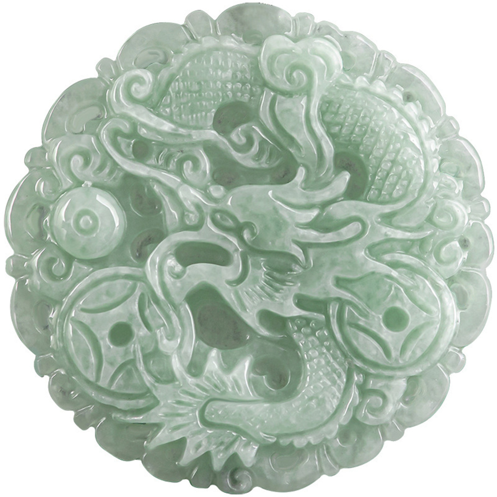 Natural Type A Untreated Green Icy Waxy Burmese Jadeite Round Pendant With Dragon Carved,Burma Jadeite Loose Pendants,DIY Jewelry Supplies