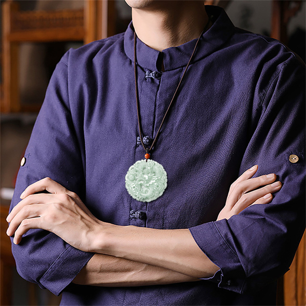 Natural Type A Untreated Green Icy Waxy Burmese Jadeite Round Pendant With Dragon Carved,Burma Jadeite Loose Pendants,DIY Jewelry Supplies