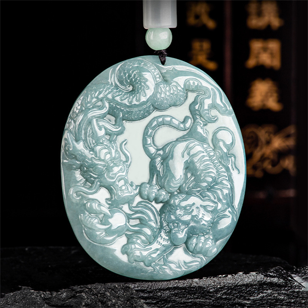 Natural Type A Untreated Blue Watery Guatemalan Jadeite Oval Pendant With Dragon And Tiger Carved,Amulet Pendant,DIY Jewelry Supplies
