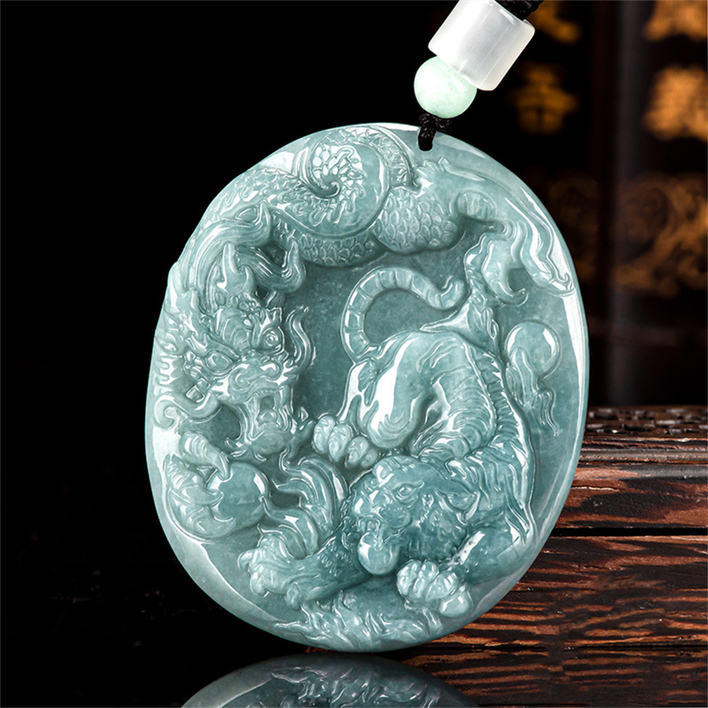 Natural Type A Untreated Blue Watery Guatemalan Jadeite Oval Pendant With Dragon And Tiger Carved,Amulet Pendant,DIY Jewelry Supplies