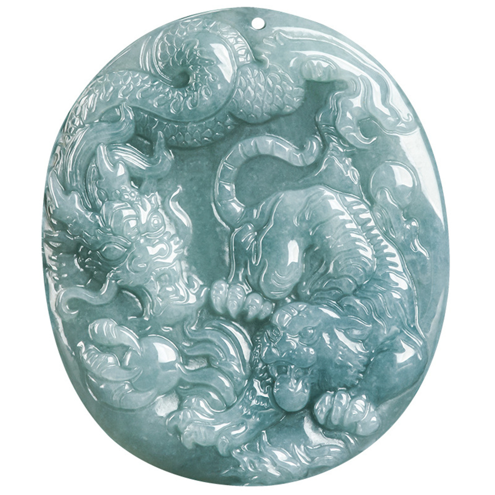 Natural Type A Untreated Blue Watery Guatemalan Jadeite Oval Pendant With Dragon And Tiger Carved,Amulet Pendant,DIY Jewelry Supplies