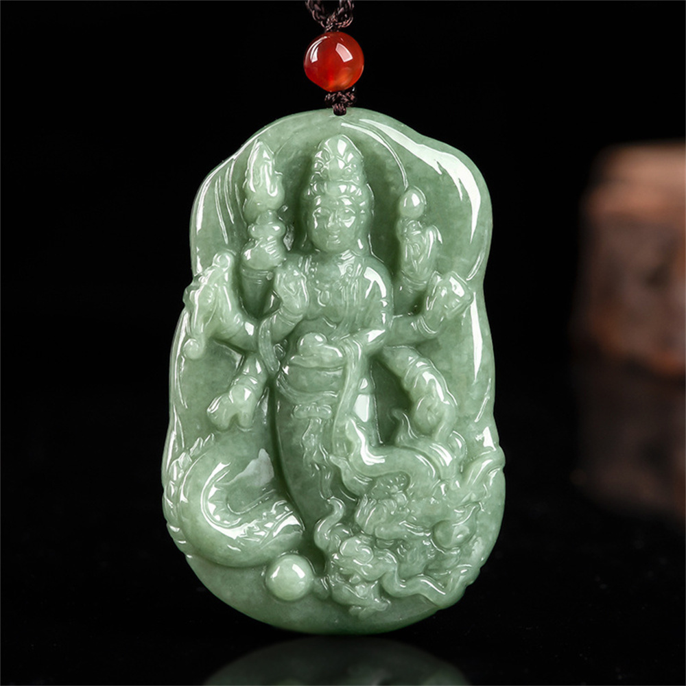 Natural Type A Untreated Bean Green Watery Burmese Jadeite Hand Carved Thousand Handed Guanyin Pendant,Amulet Pendant,DIY Jewelry Supplies