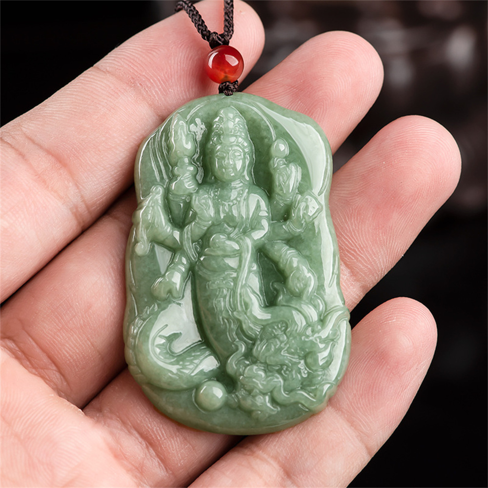 Natural Type A Untreated Bean Green Watery Burmese Jadeite Hand Carved Thousand Handed Guanyin Pendant,Amulet Pendant,DIY Jewelry Supplies