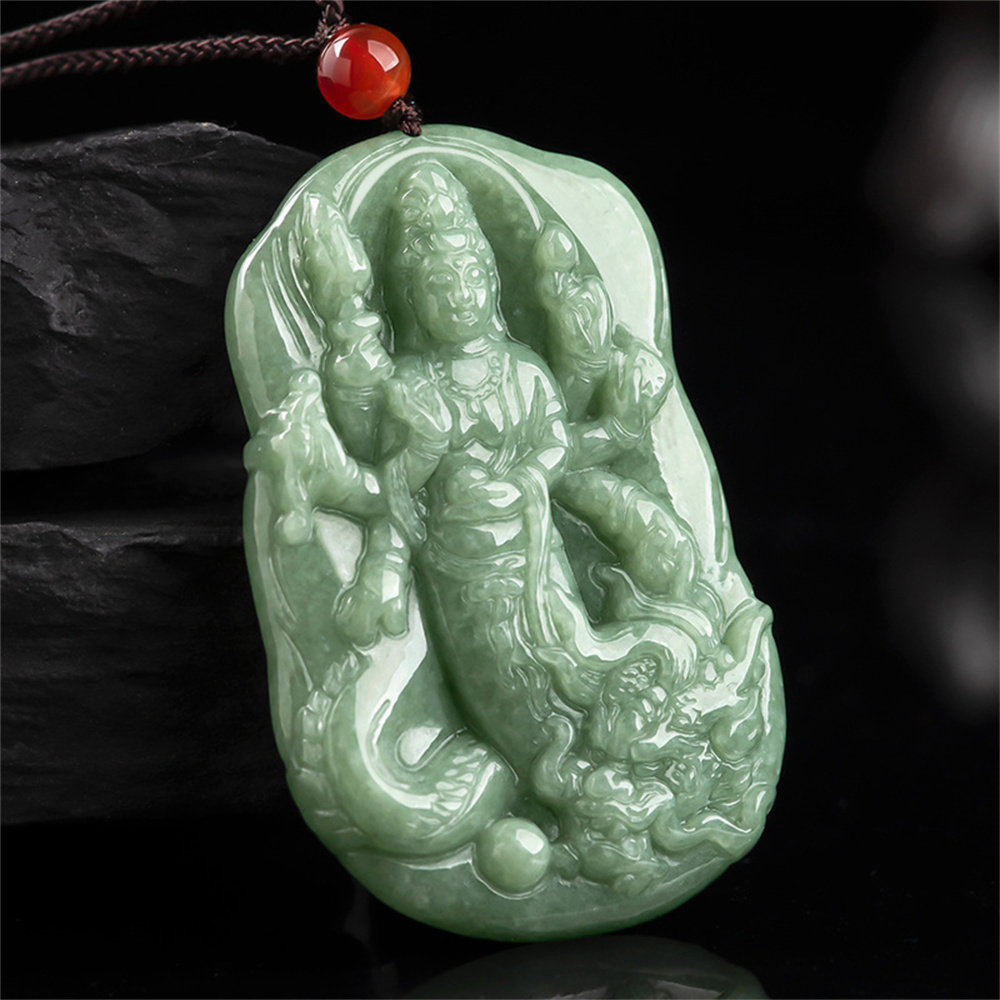 Natural Type A Untreated Bean Green Watery Burmese Jadeite Hand Carved Thousand Handed Guanyin Pendant,Amulet Pendant,DIY Jewelry Supplies