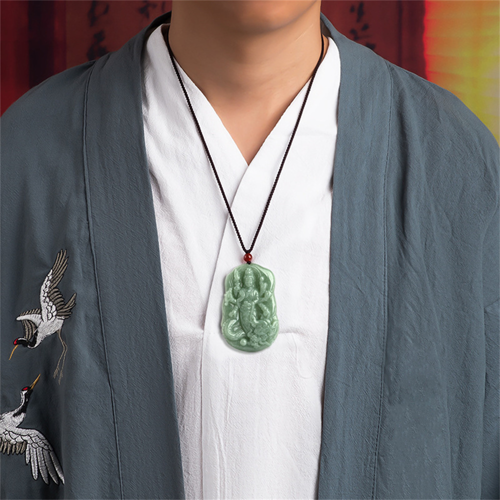 Natural Type A Untreated Bean Green Watery Burmese Jadeite Hand Carved Thousand Handed Guanyin Pendant,Amulet Pendant,DIY Jewelry Supplies