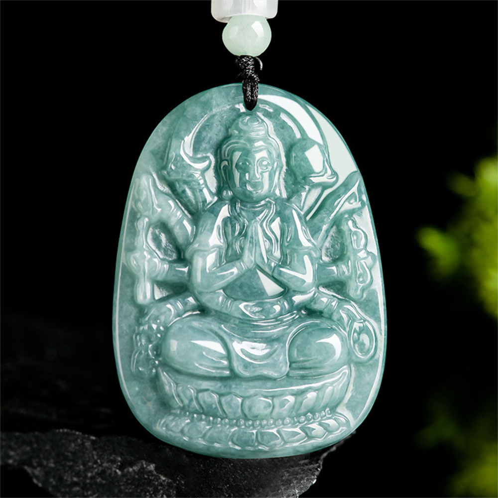 Natural Type A Untreated Blue Watery Guatemalan Jadeite Hand Carved Thousand Handed Guanyin Pendant,Amulet Pendant,DIY Jewelry Supplies