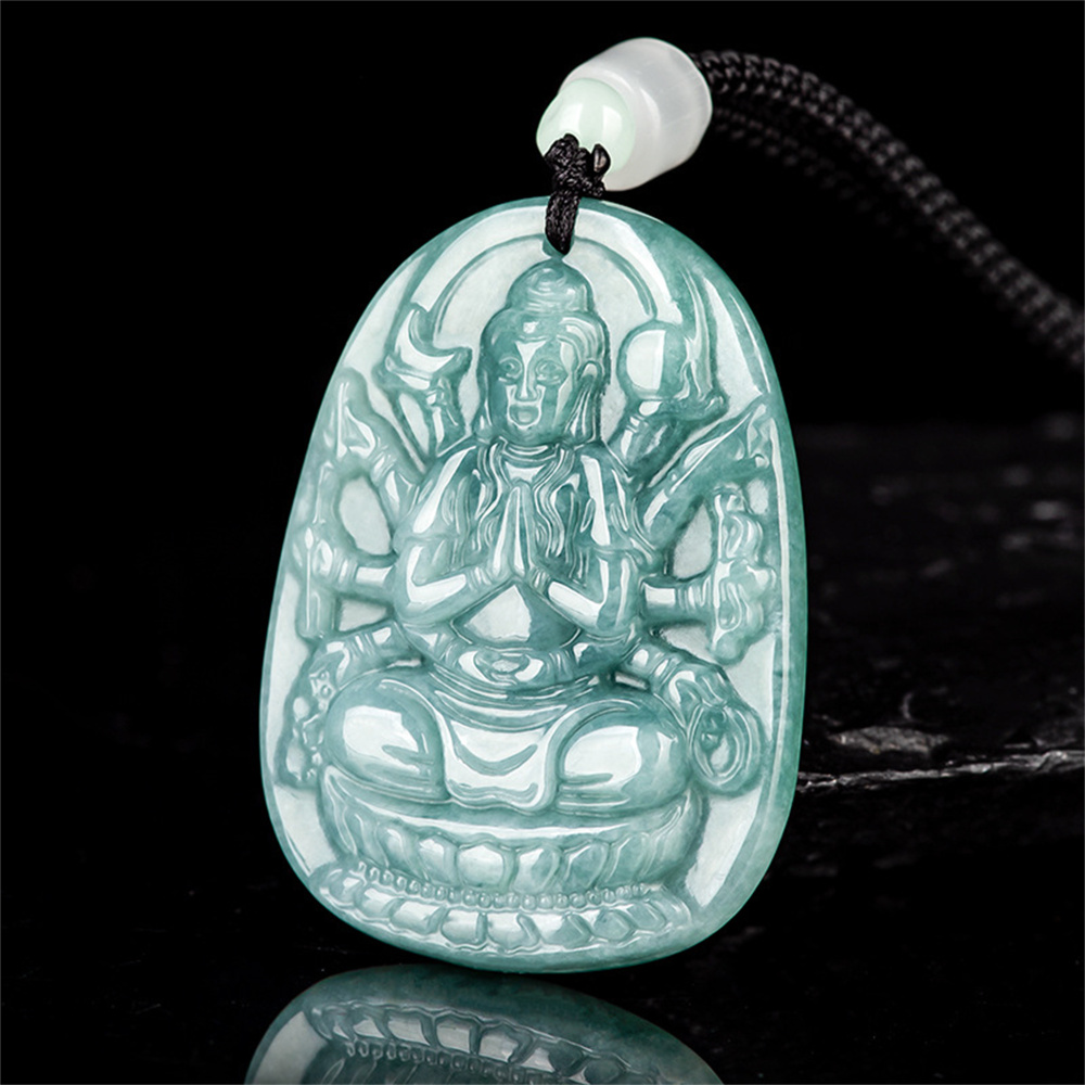 Natural Type A Untreated Blue Watery Guatemalan Jadeite Hand Carved Thousand Handed Guanyin Pendant,Amulet Pendant,DIY Jewelry Supplies