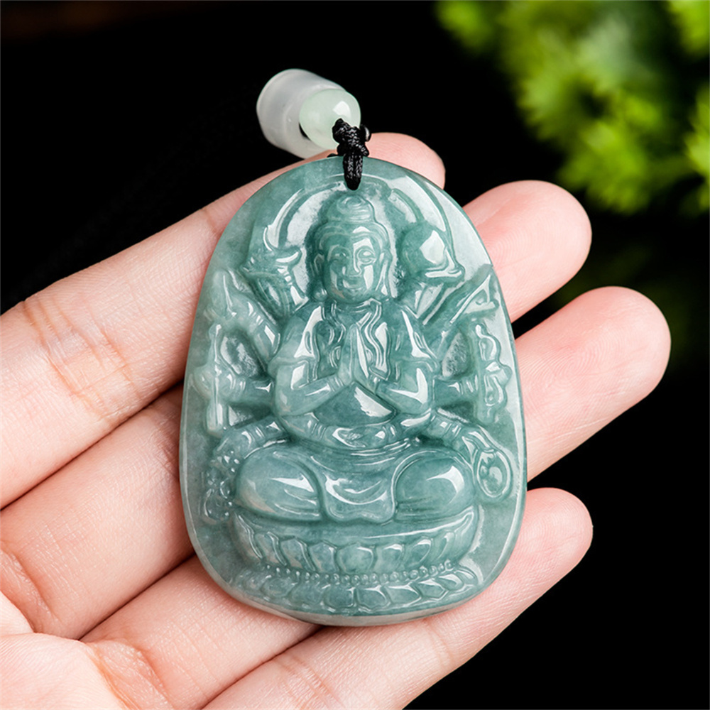 Natural Type A Untreated Blue Watery Guatemalan Jadeite Hand Carved Thousand Handed Guanyin Pendant,Amulet Pendant,DIY Jewelry Supplies