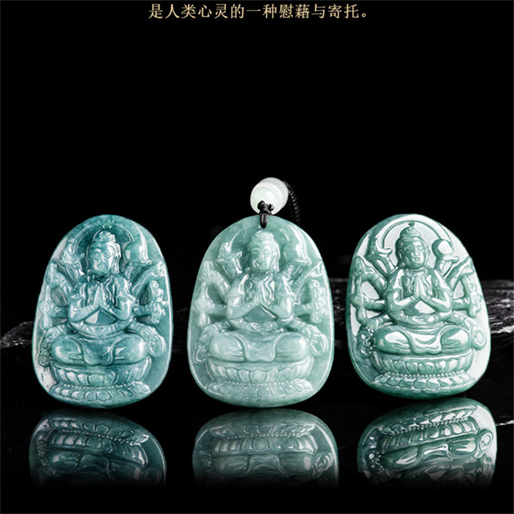 Natural Type A Untreated Blue Watery Guatemalan Jadeite Hand Carved Thousand Handed Guanyin Pendant,Amulet Pendant,DIY Jewelry Supplies