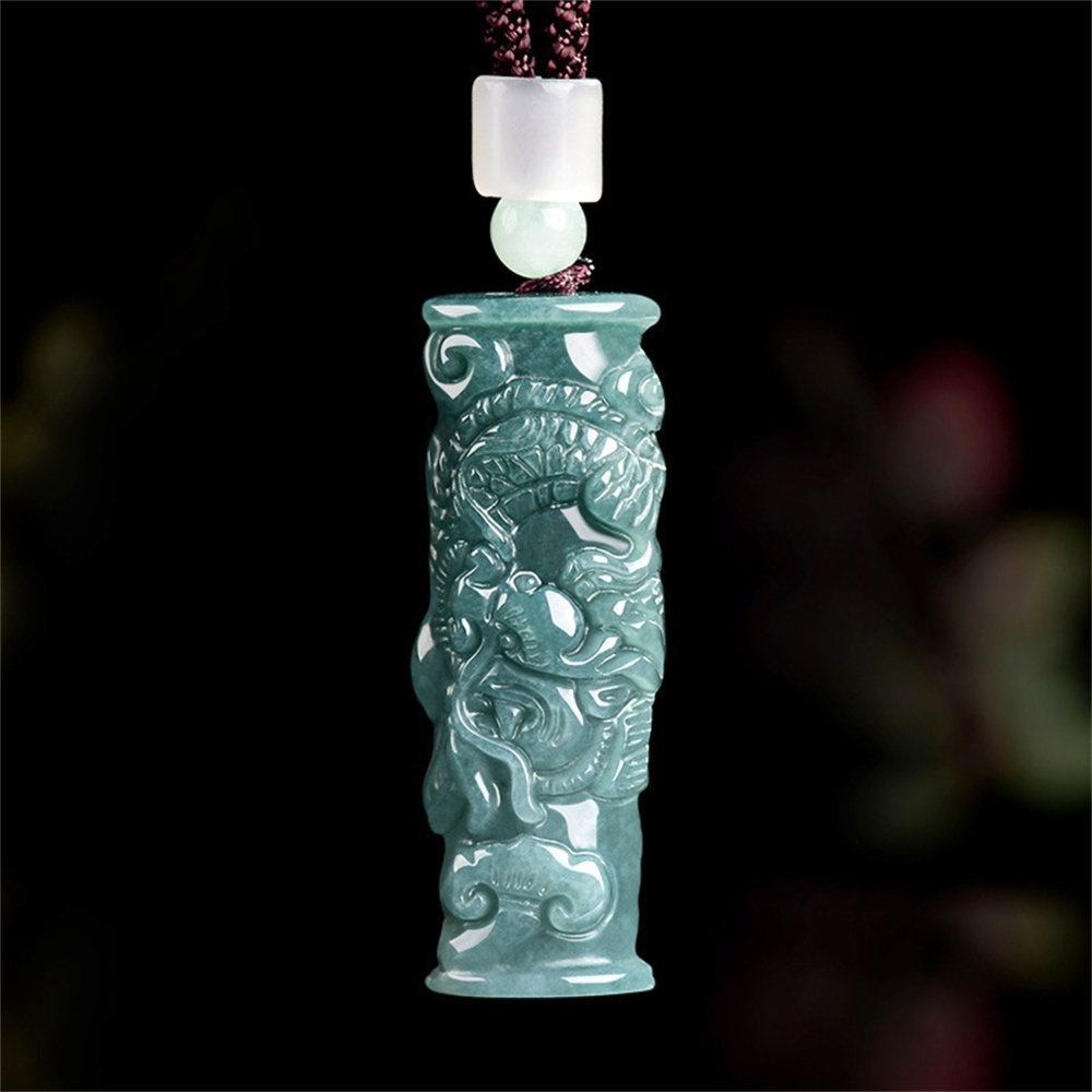 Natural Type A Untreated Blue Watery Guatemalan Jadeite 3D Cylinder Pendant With Dragon Carved,Amulet Pendant,DIY Jewelry Supplies