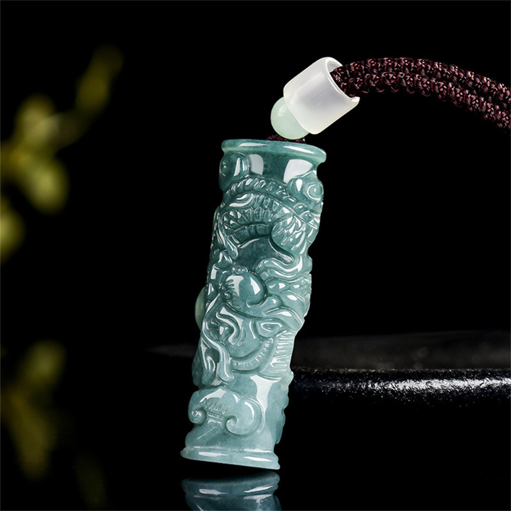 Natural Type A Untreated Blue Watery Guatemalan Jadeite 3D Cylinder Pendant With Dragon Carved,Amulet Pendant,DIY Jewelry Supplies