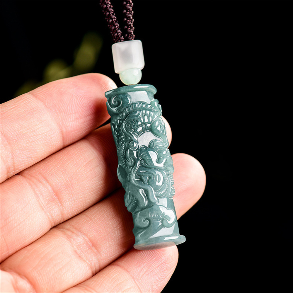 Natural Type A Untreated Blue Watery Guatemalan Jadeite 3D Cylinder Pendant With Dragon Carved,Amulet Pendant,DIY Jewelry Supplies