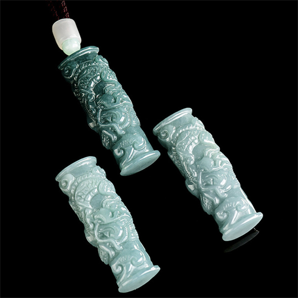 Natural Type A Untreated Blue Watery Guatemalan Jadeite 3D Cylinder Pendant With Dragon Carved,Amulet Pendant,DIY Jewelry Supplies