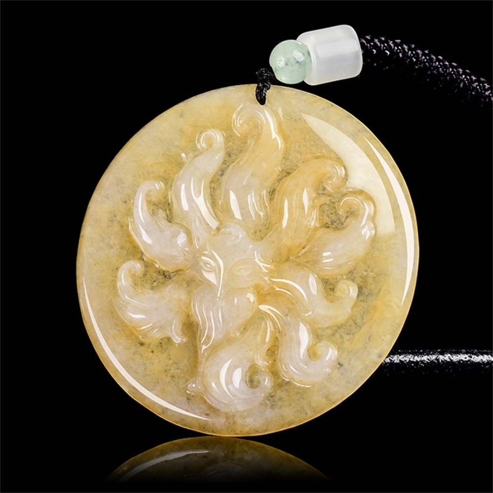 Natural Color Heated Hand Carved Yellow Burmese Jadeite Round Pendant With Nine Tailed Fox Carved,Amulet Pendant,DIY Jewelry Supplies
