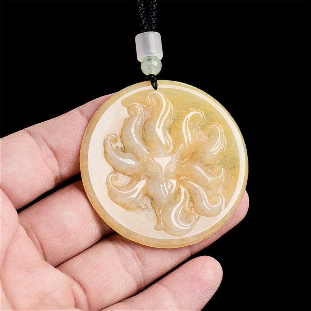 Natural Color Heated Hand Carved Yellow Burmese Jadeite Round Pendant With Nine Tailed Fox Carved,Amulet Pendant,DIY Jewelry Supplies