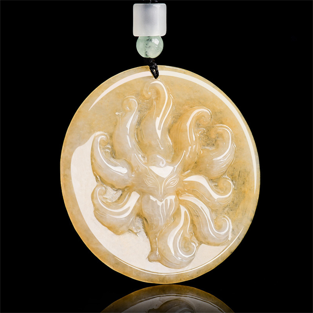 Natural Color Heated Hand Carved Yellow Burmese Jadeite Round Pendant With Nine Tailed Fox Carved,Amulet Pendant,DIY Jewelry Supplies