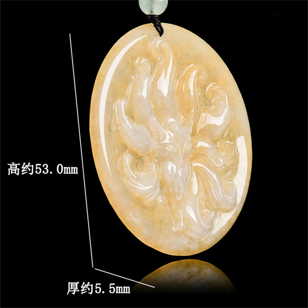 Natural Color Heated Hand Carved Yellow Burmese Jadeite Round Pendant With Nine Tailed Fox Carved,Amulet Pendant,DIY Jewelry Supplies