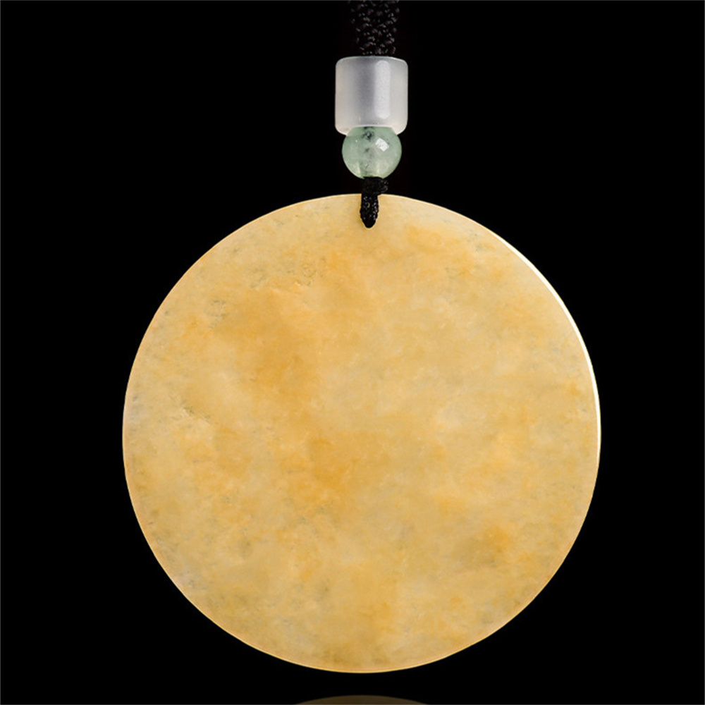Natural Color Heated Hand Carved Yellow Burmese Jadeite Round Pendant With Nine Tailed Fox Carved,Amulet Pendant,DIY Jewelry Supplies