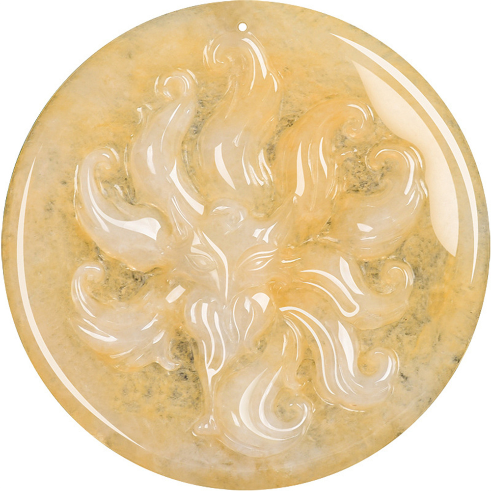 Natural Color Heated Hand Carved Yellow Burmese Jadeite Round Pendant With Nine Tailed Fox Carved,Amulet Pendant,DIY Jewelry Supplies