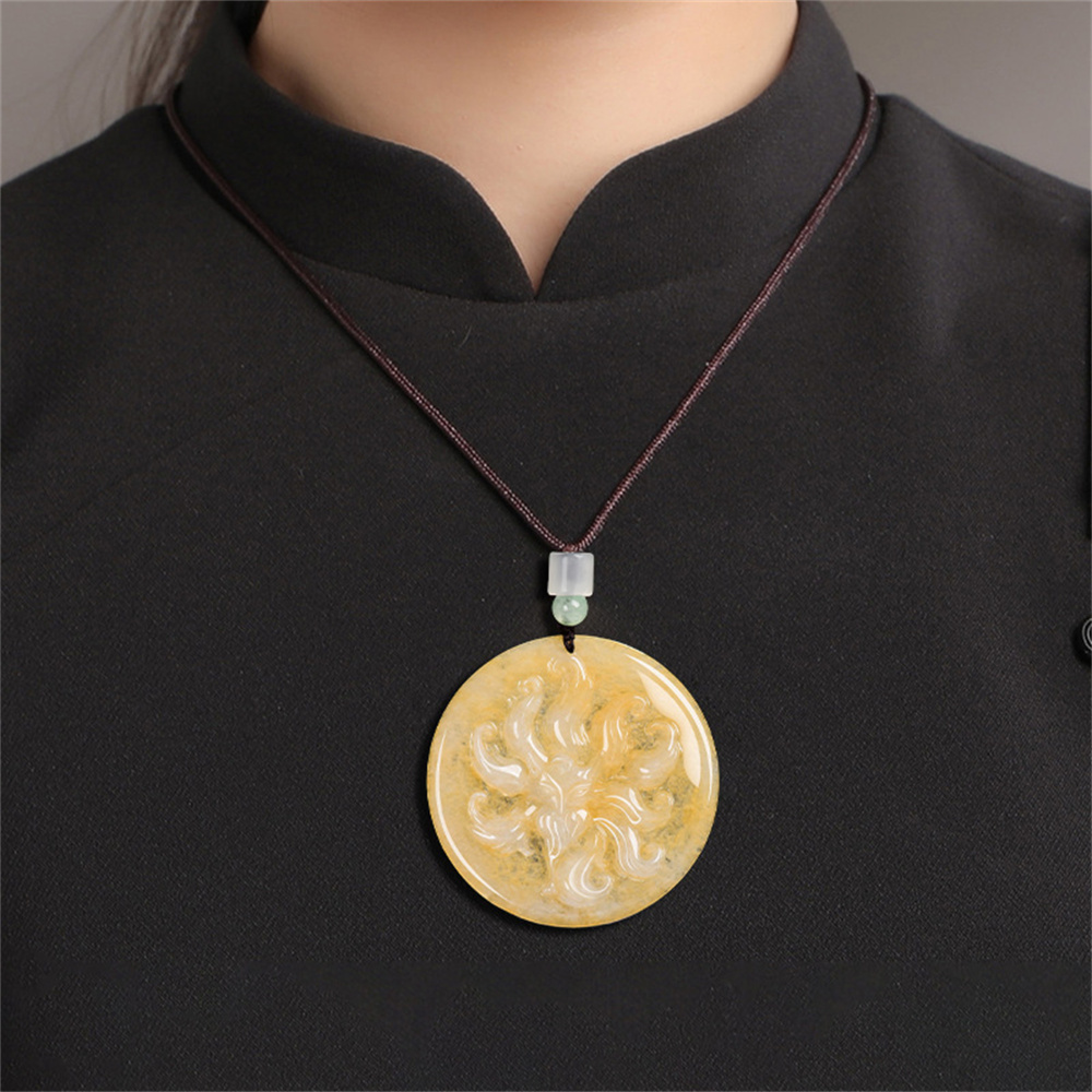 Natural Color Heated Hand Carved Yellow Burmese Jadeite Round Pendant With Nine Tailed Fox Carved,Amulet Pendant,DIY Jewelry Supplies