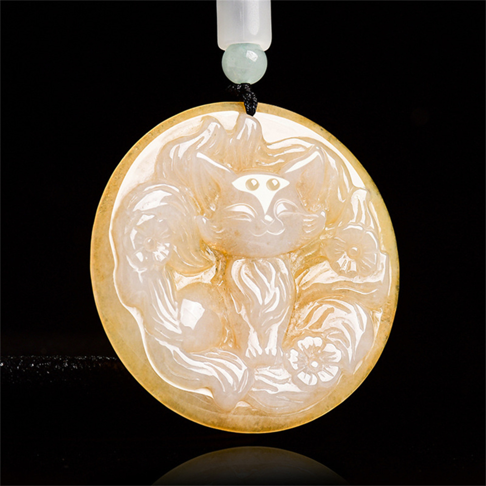 Natural Color Heated Hand Carved Yellow Burmese Jadeite Round Pendant With Nine Tailed Fox Carved,Amulet Pendant,DIY Jewelry Supplies