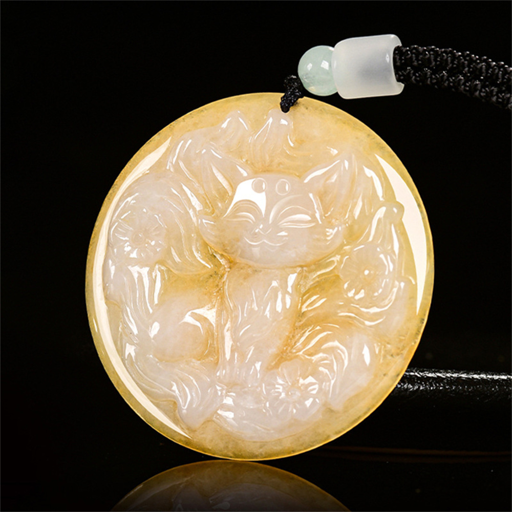 Natural Color Heated Hand Carved Yellow Burmese Jadeite Round Pendant With Nine Tailed Fox Carved,Amulet Pendant,DIY Jewelry Supplies