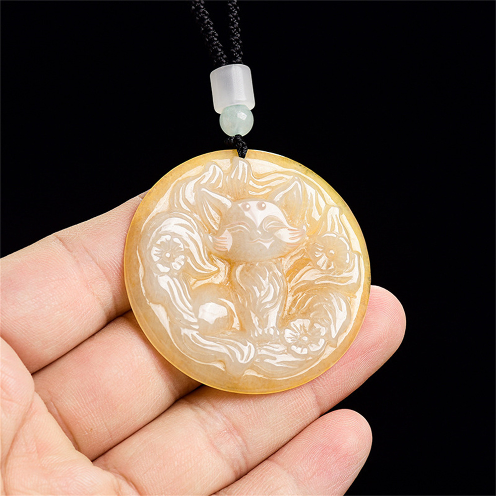 Natural Color Heated Hand Carved Yellow Burmese Jadeite Round Pendant With Nine Tailed Fox Carved,Amulet Pendant,DIY Jewelry Supplies