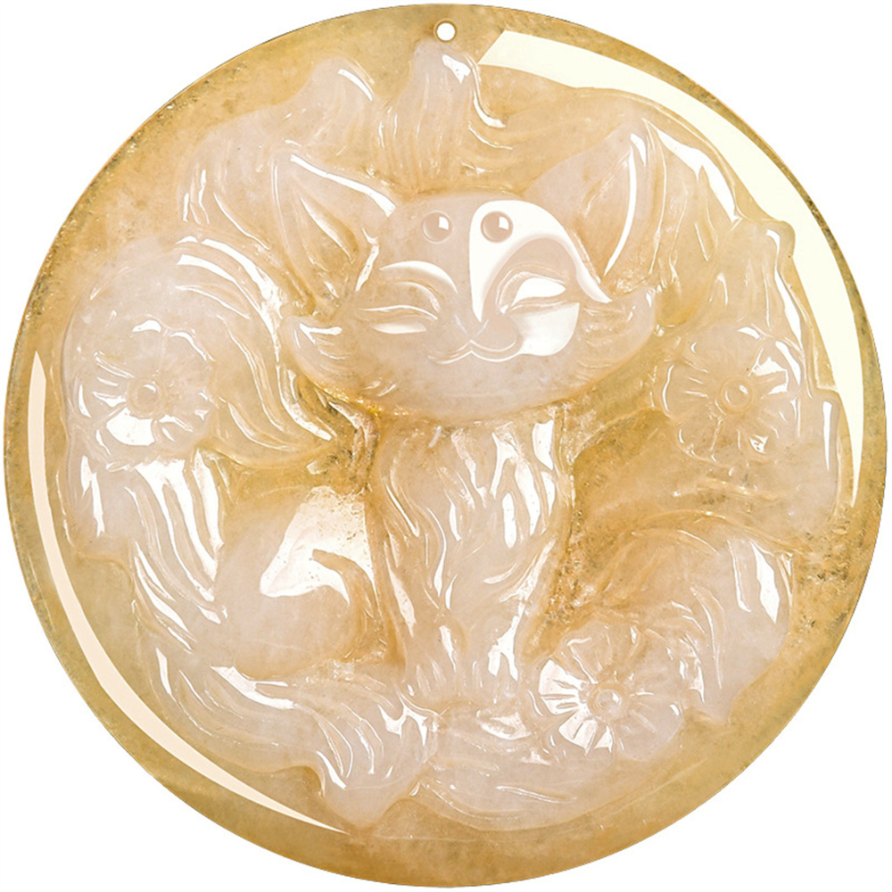 Natural Color Heated Hand Carved Yellow Burmese Jadeite Round Pendant With Nine Tailed Fox Carved,Amulet Pendant,DIY Jewelry Supplies