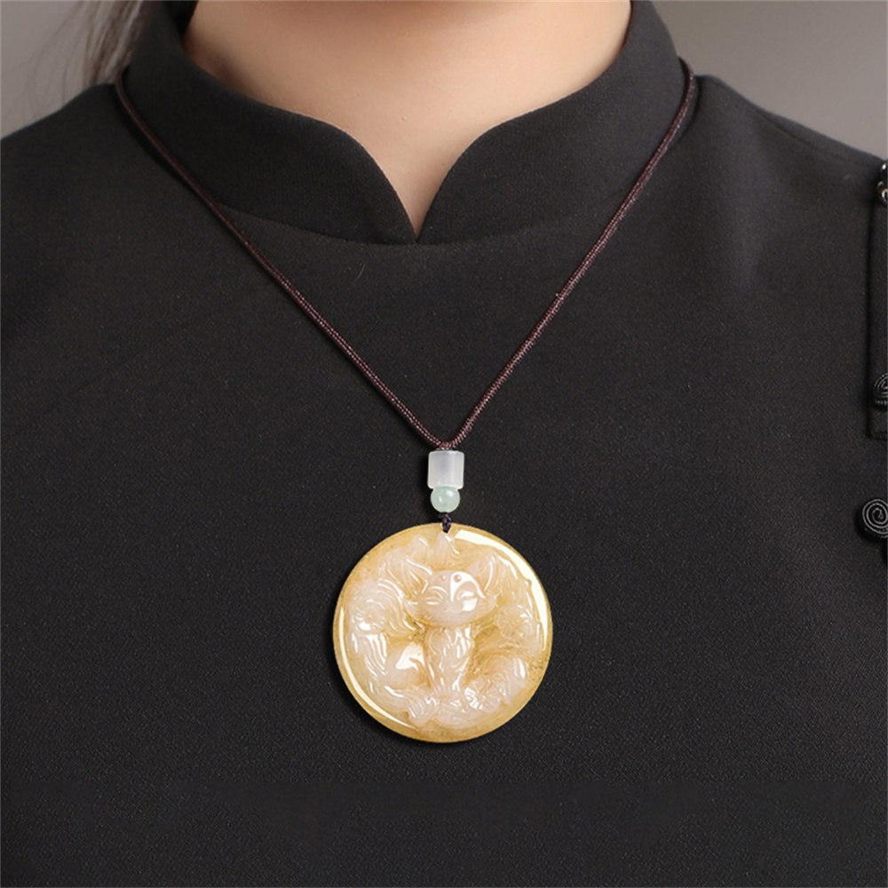 Natural Color Heated Hand Carved Yellow Burmese Jadeite Round Pendant With Nine Tailed Fox Carved,Amulet Pendant,DIY Jewelry Supplies