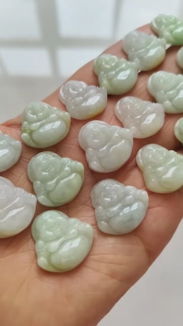 3Pcs Natural Type A Untreated Green With White Icy Waxy Burmese Jadeite Maitreya Buddha Pendant,Amulet Pendant,Buddhist Jewelry