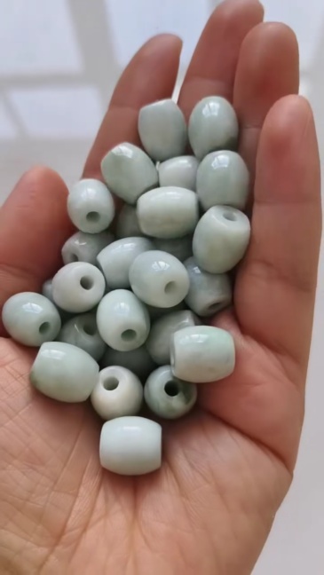 5pcs Natural Type A Moss In Snow Green Waxy Burmese Jadeite Big hole Oval Barrel Beads Drum Beads,Burmese Jadeite,DIY Jewelry Supplies