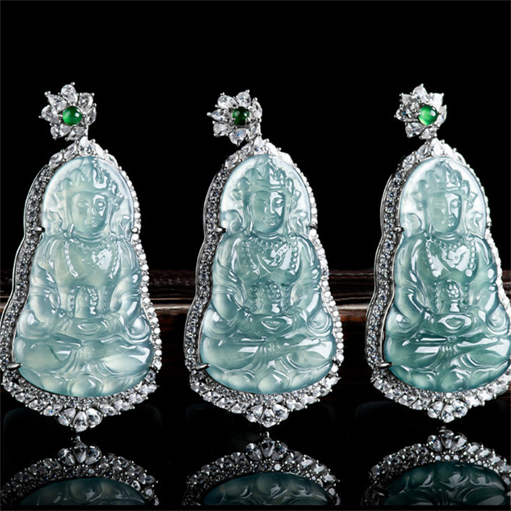 Natural Certificated Type A Untreated Icy Clear Blue Watery Guatemalan Jadeite Tara Guanyin Pendants,Tara Bodhisattva Amulet Pendant,DIY Jewelry Supplies