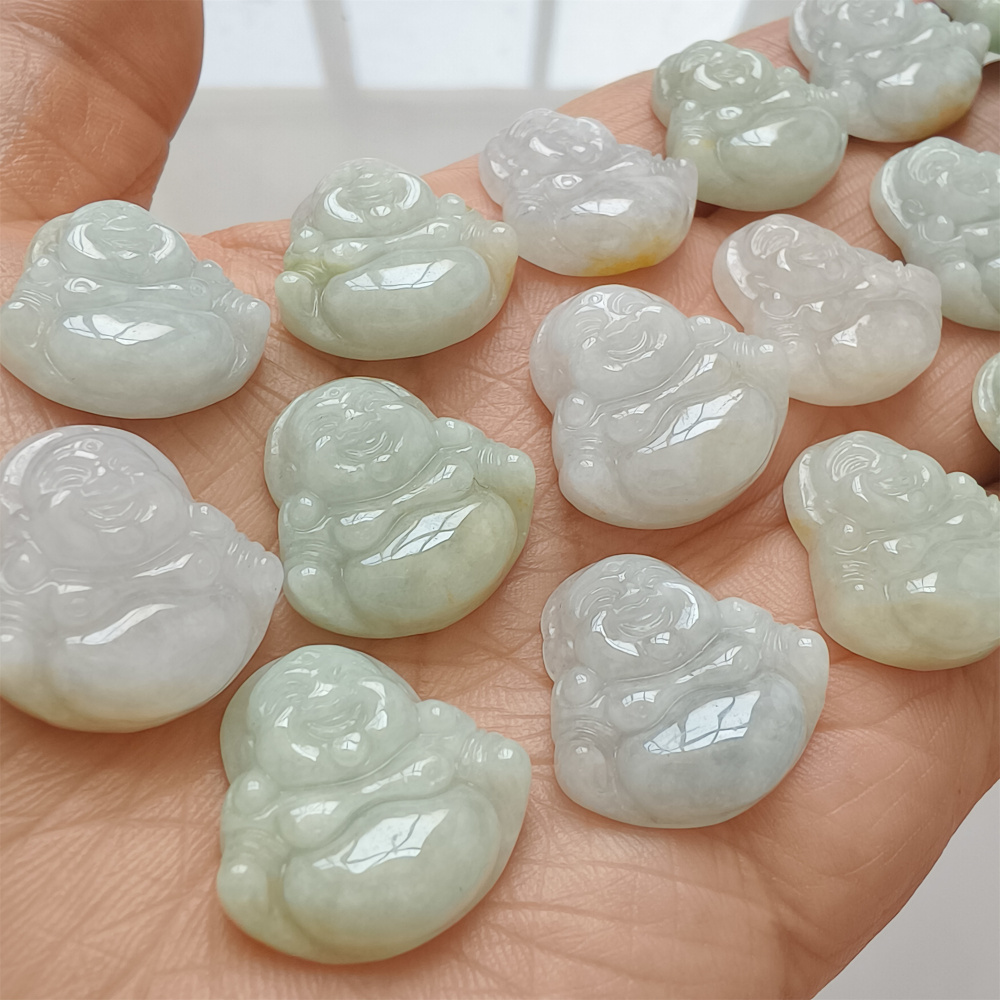 3Pcs Natural Type A Untreated Green With White Icy Waxy Burmese Jadeite Maitreya Buddha Pendant,Amulet Pendant,Buddhist Jewelry