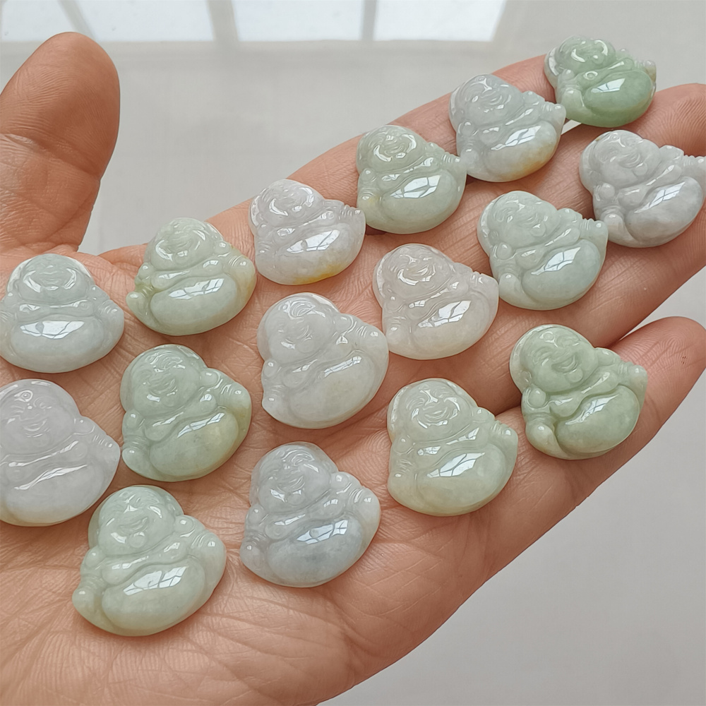 3Pcs Natural Type A Untreated Green With White Icy Waxy Burmese Jadeite Maitreya Buddha Pendant,Amulet Pendant,Buddhist Jewelry