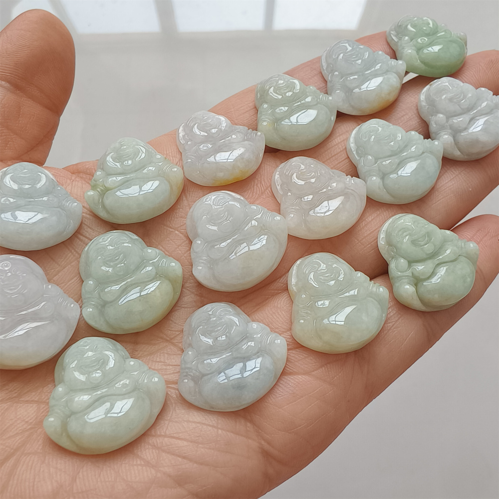 3Pcs Natural Type A Untreated Green With White Icy Waxy Burmese Jadeite Maitreya Buddha Pendant,Amulet Pendant,Buddhist Jewelry