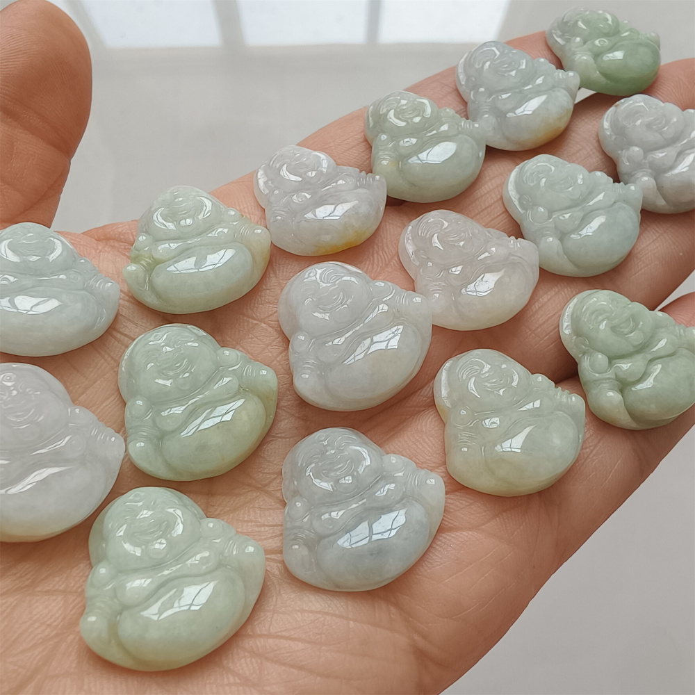 3Pcs Natural Type A Untreated Green With White Icy Waxy Burmese Jadeite Maitreya Buddha Pendant,Amulet Pendant,Buddhist Jewelry