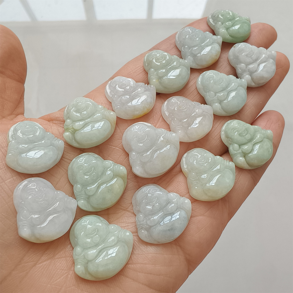 3Pcs Natural Type A Untreated Green With White Icy Waxy Burmese Jadeite Maitreya Buddha Pendant,Amulet Pendant,Buddhist Jewelry