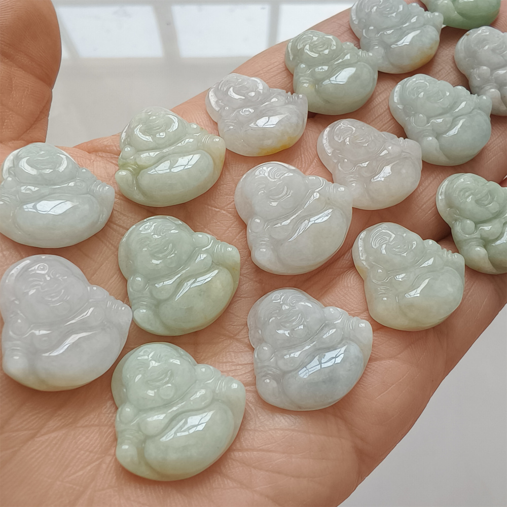 3Pcs Natural Type A Untreated Green With White Icy Waxy Burmese Jadeite Maitreya Buddha Pendant,Amulet Pendant,Buddhist Jewelry
