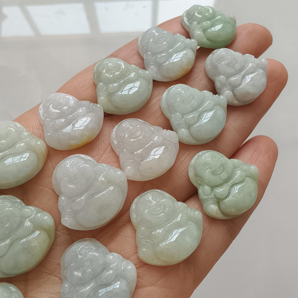 3Pcs Natural Type A Untreated Green With White Icy Waxy Burmese Jadeite Maitreya Buddha Pendant,Amulet Pendant,Buddhist Jewelry